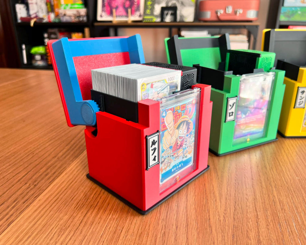 Cajas cartas TCG one piece impresas 3d personalizadas mecanicas commander lider coleccion abierta tapa
