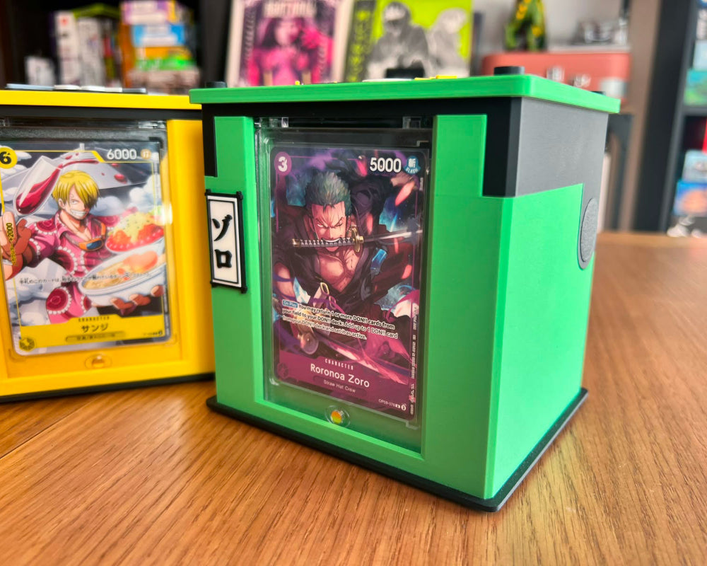 Cajas cartas TCG one piece impresas 3d personalizadas mecanicas commander lider coleccion zoro detalle